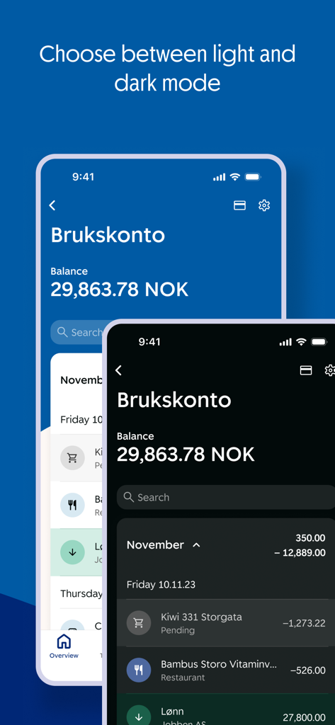 SpareBank 1 Mobilbank - SpareBank 1 Mobilbank interface comparison between light and dark modes showing account balance and transaction history