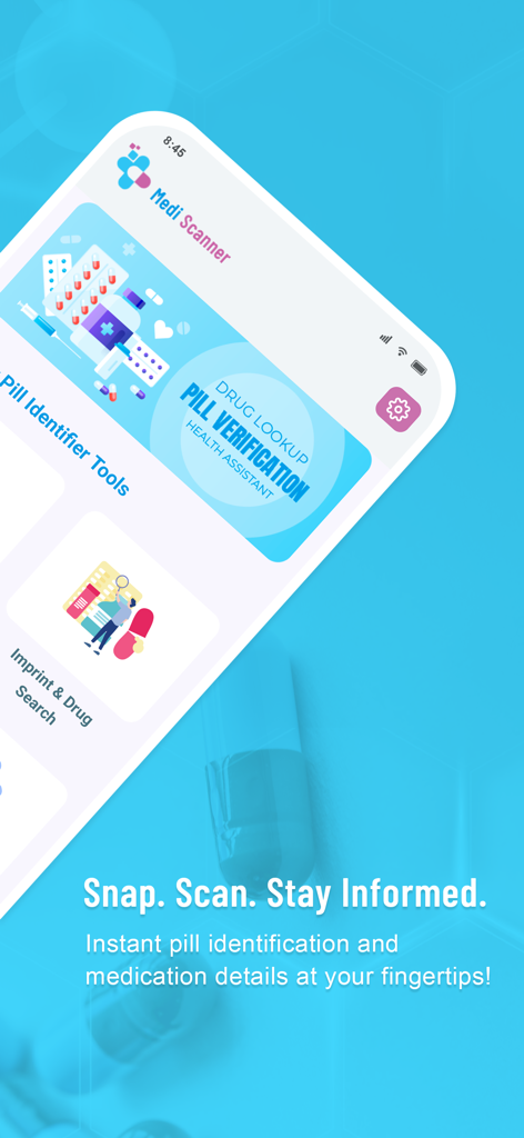 Medi Scanner - Pill Identifier - Interface of the Medi Scanner app showing pill identification tools and drug search features