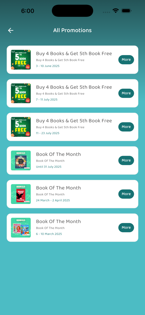 BookXcess - The BookXcess app screen showing a list of available promotions such as Book of the Month and Buy 4 Get 5th Free offers.