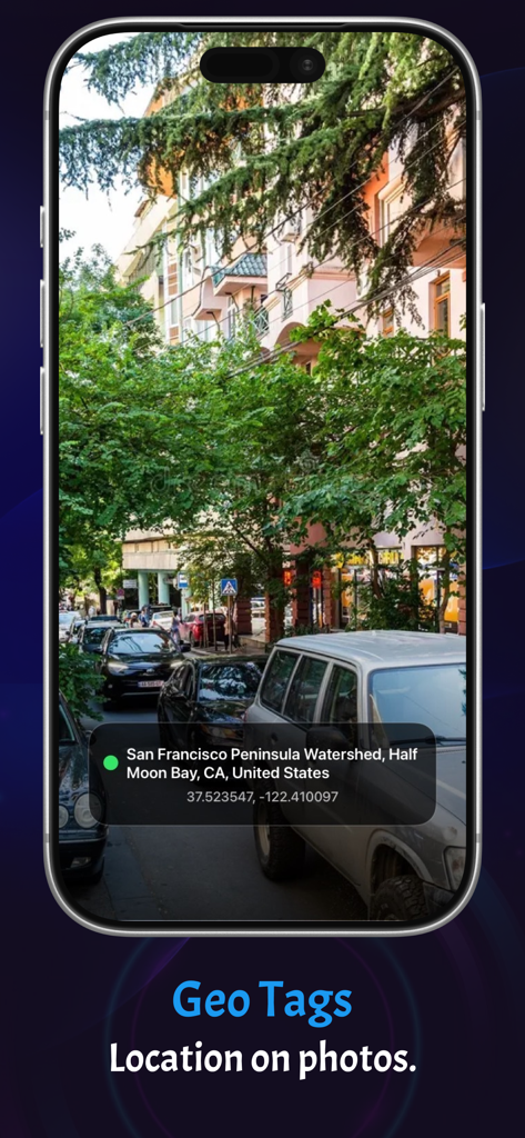 GPS Camera: Live Map & Geotag - Screenshot of GPS Camera app showing a photo with an embedded location tag and coordinates