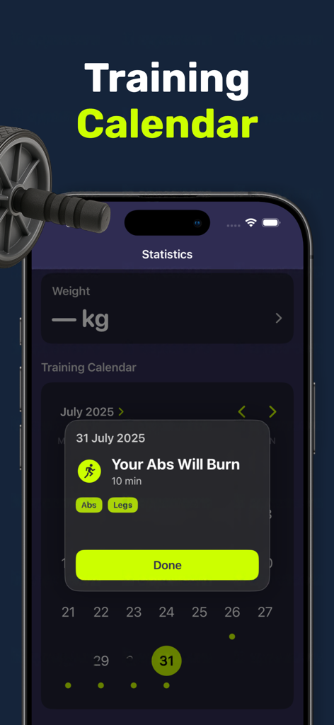 FitTrack Pro - Calendario de entrenamiento y pantalla de estadísticas de ejercicios de FitTrack Pro