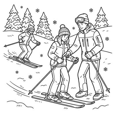 Glide into a serene winter landscape with our ski instructors coloring page, thoughtfully designed for seniors. Enjoy the comfort of clear lines and an engaging scene perfect for relaxation and cognitive stimulation.