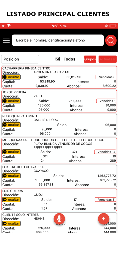 Pantalla principal de gestión de clientes en La Diaria App que muestra saldos a crédito y alertas de pagos atrasados