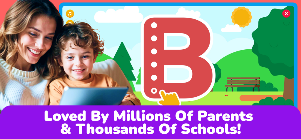 Preschool & Kindergarten Games - Una madre y un niño usando una tableta para jugar la aplicación educativa Juegos de Preescolar y Jardín de Infancia