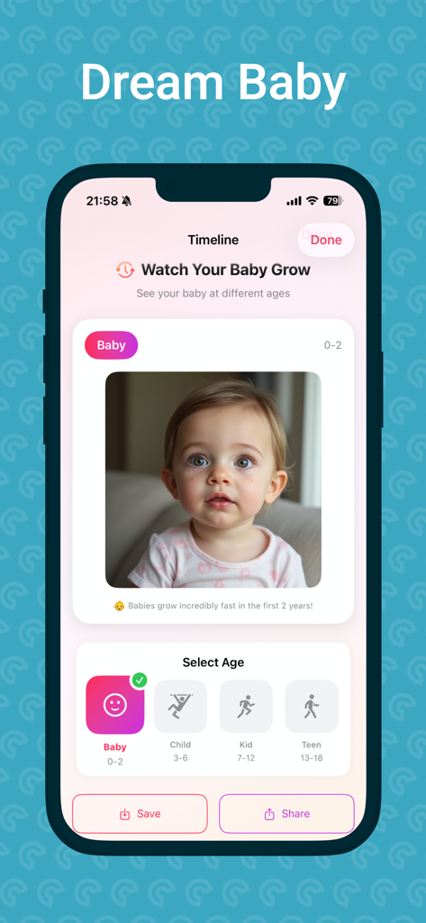 AI Baby Generator - Pēpe - AI Baby Generator app interface showing a realistic baby face and age progression timeline
