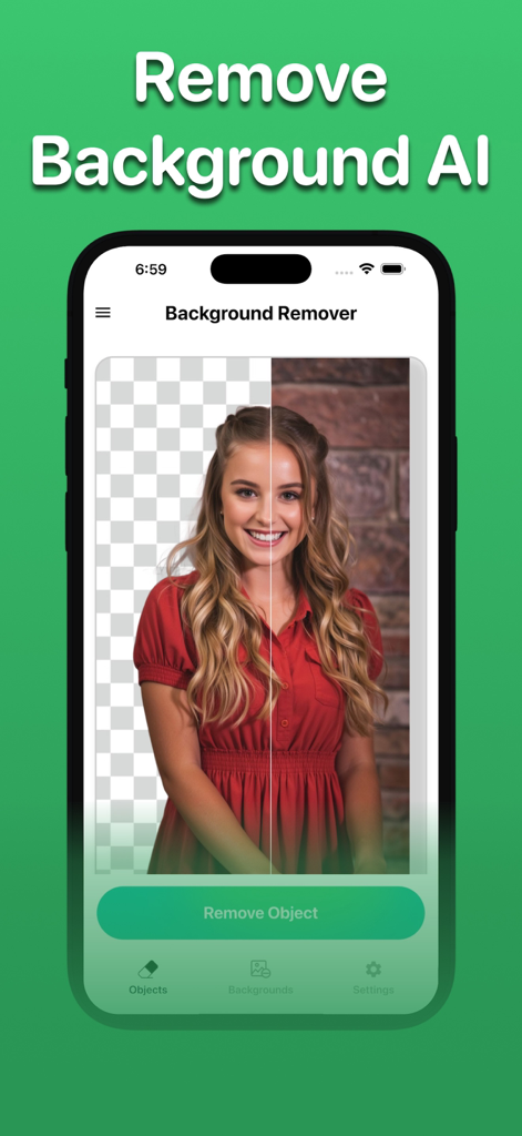 Erase Objects: Remove People - AI background removal feature showing a before and after comparison of a photo with a transparent background