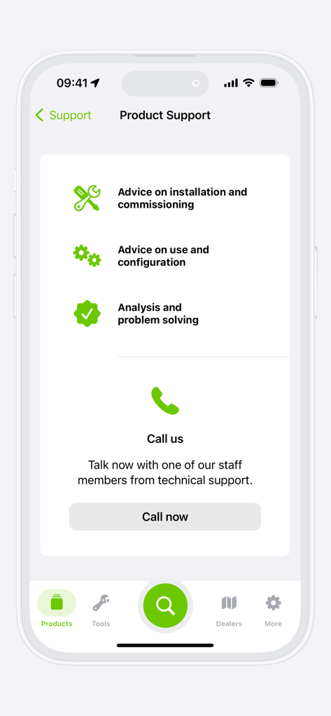 WAGO app product support screen featuring technical assistance options for installation and configuration along with a direct call button