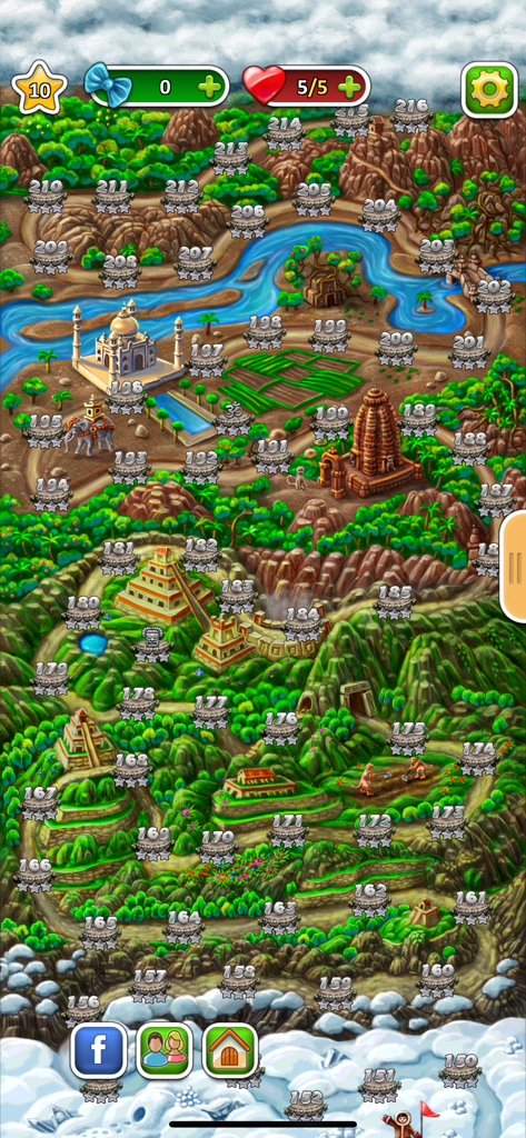 Indy Cat Match 3 Forever - Indy Cat Match 3 level map showing numbered stages and adventure landmarks like the Taj Mahal and pyramids