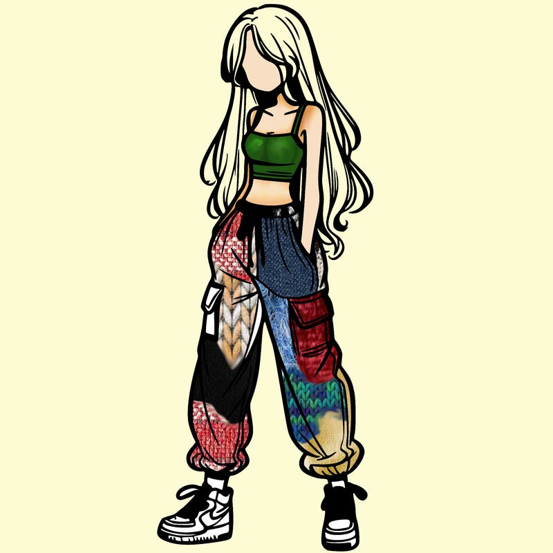 girl in baggy pants crop top and long hair