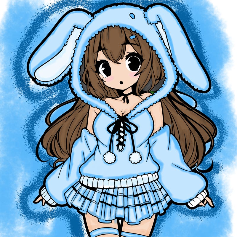 pretty anime girl wearing a fluffy hoodie with bunny ears on the hood and a skirt