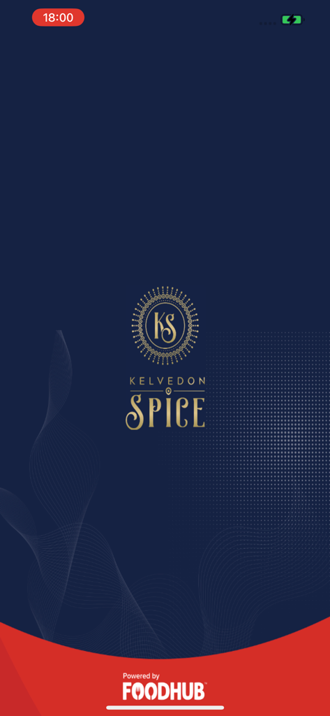 Kelvedon Spice - Splash screen of the Kelvedon Spice mobile app featuring its gold logo on a dark blue background.