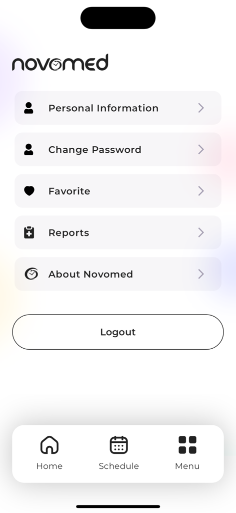 Novomed Centers - Mobile app screen showing Novomed user account options and medical reports
