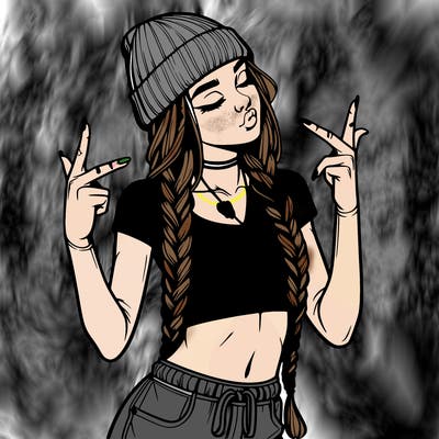 realistic teenage girl with braids and a beanie and crop top doing 🫶🏼