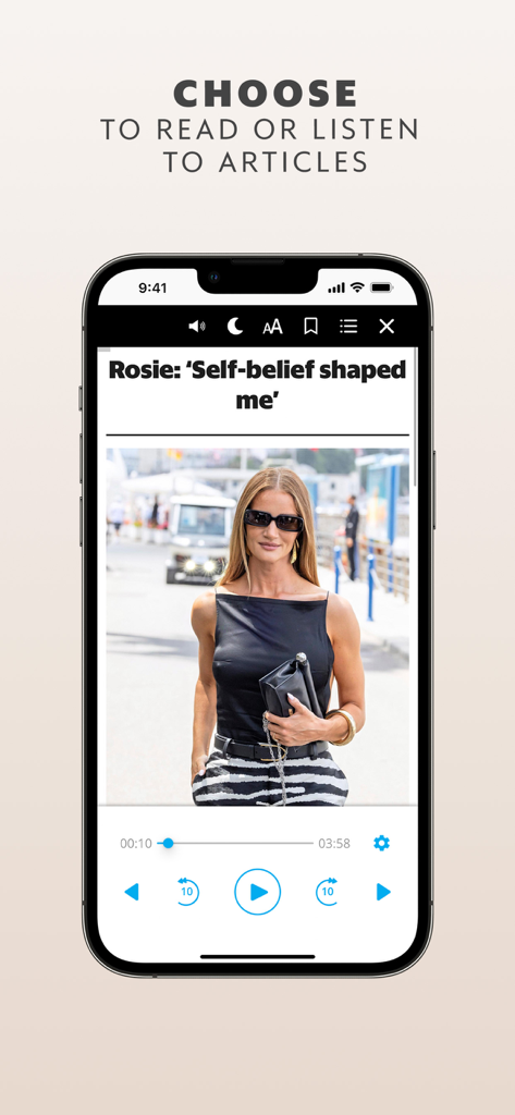 Grazia: Fashion, Beauty & News - Grazia mobile app interface showing a fashion article with an integrated audio player feature