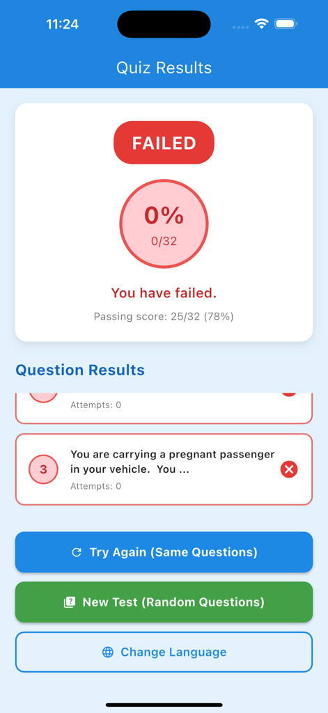 L License VIC - 失敗した練習テストの結果を示すL License VICアプリのクイズ結果画面