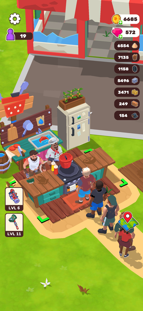 Captura de tela da jogabilidade de Wasteland Life mostrando uma estação de cozimento e ícones de gerenciamento de recursos em uma base pós-apocalíptica.