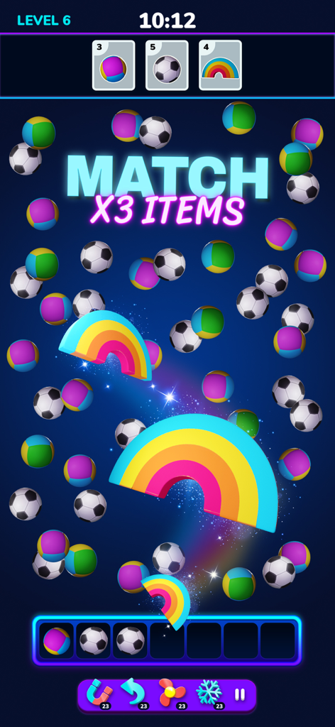 Blitz Factory 3D - Gameplay screenshot of Blitz Factory 3D showing colorful 3D objects like soccer balls and rainbows to match in groups of three.