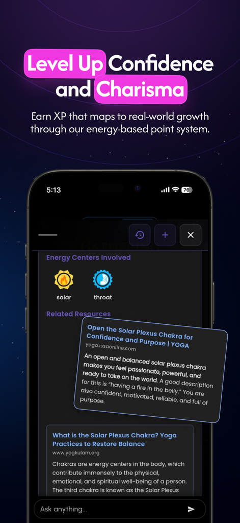 Voidspace AI - Voidspace AI app interface showing energy center tracking and solar plexus chakra insights for building confidence.