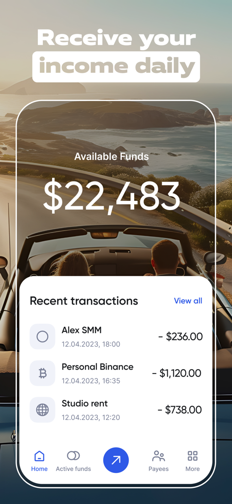 MilX: Finance hub for bloggers - MilX app dashboard showing available funds of 22483 dollars and recent creator business transactions