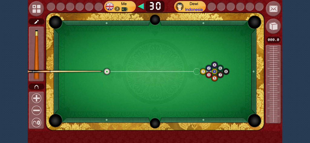 Top down view of a 9 ball billiards game setup with a cue stick ready to break