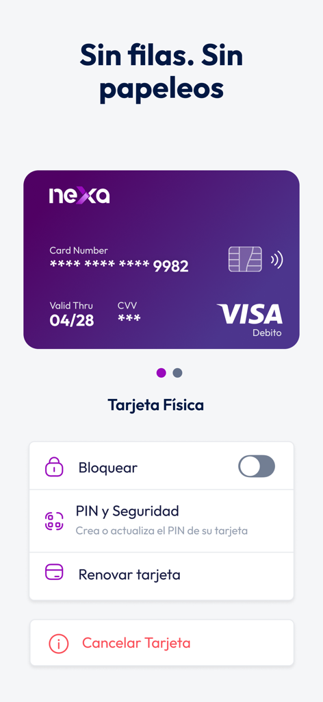 Banco Nexa - Banco Nexa mobile app screen showing a purple Visa debit card and management options for security and card renewal.