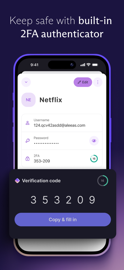 Proton Pass interface displaying a built-in 2FA authenticator for a Netflix account