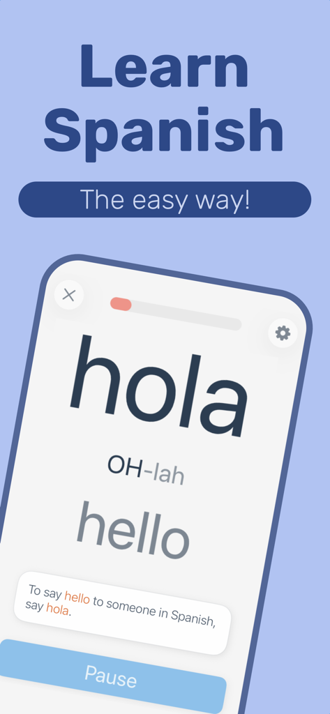 Learn Spanish with Coquí - Learn Spanish with Coqui app interface showing the word hola with phonetic pronunciation and translation