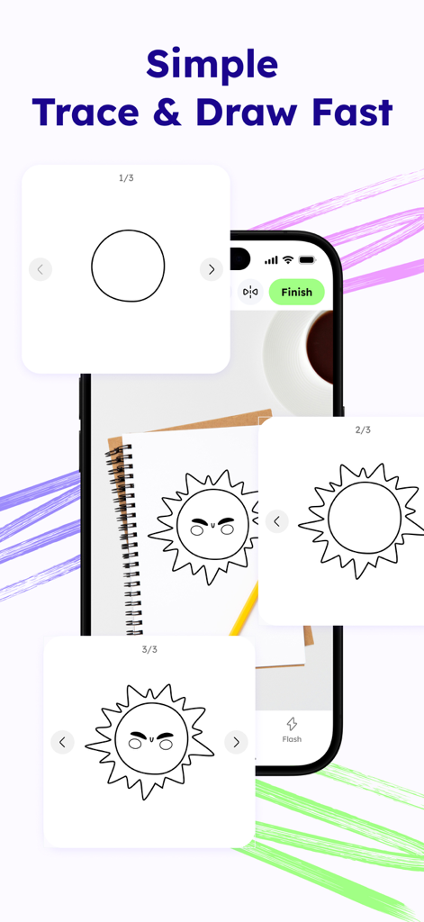 AR Drawing: Trace & Draw Art - Uma tela de smartphone demonstrando o processo de rastreamento e desenho AR para um esboço de sol