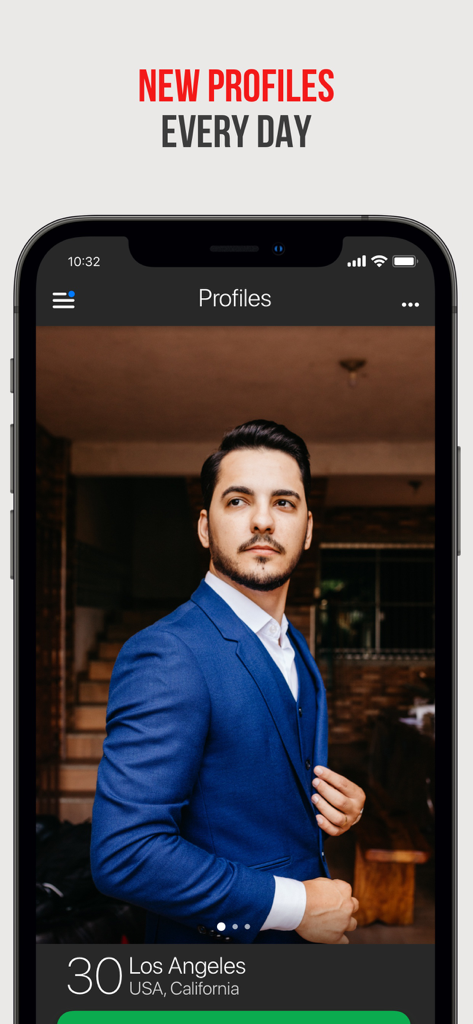 Barev — Armenian Dating - A profile of a man from Los Angeles on the Barev Armenian dating app interface.