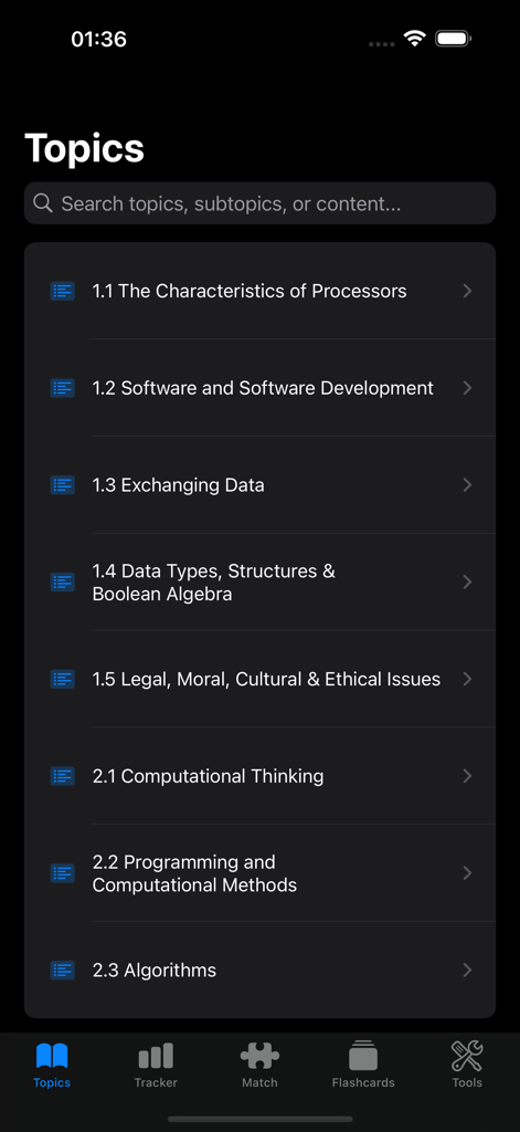 CS Master - A list of computer science revision topics including algorithms and software development on the CS Master app.