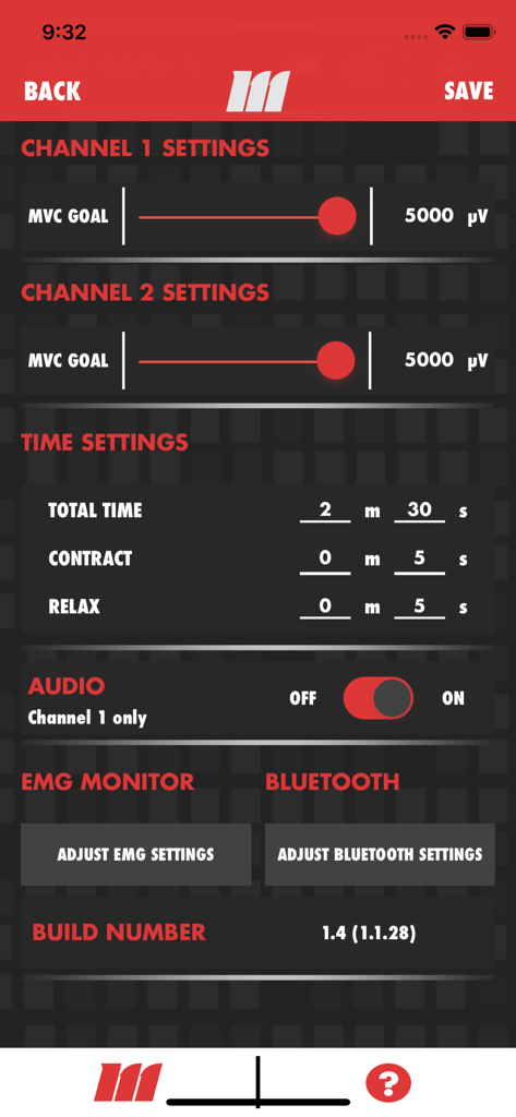 mTrigger™ Biofeedback - Configuration screen for mTrigger Biofeedback app displaying channel goals and exercise timing