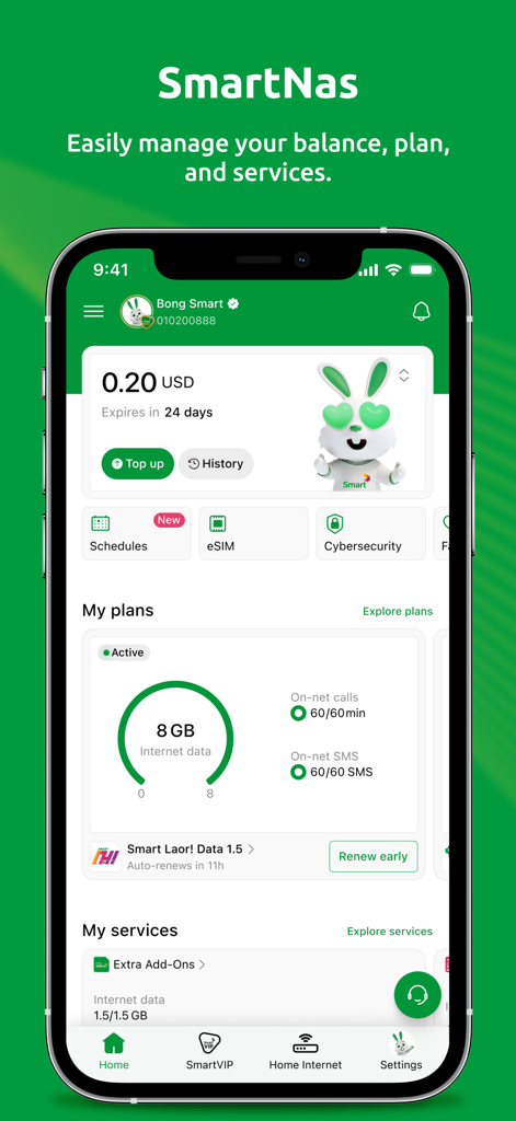 SmartNas - SmartNas app home screen displaying account balance, data usage, and mobile plan management features.