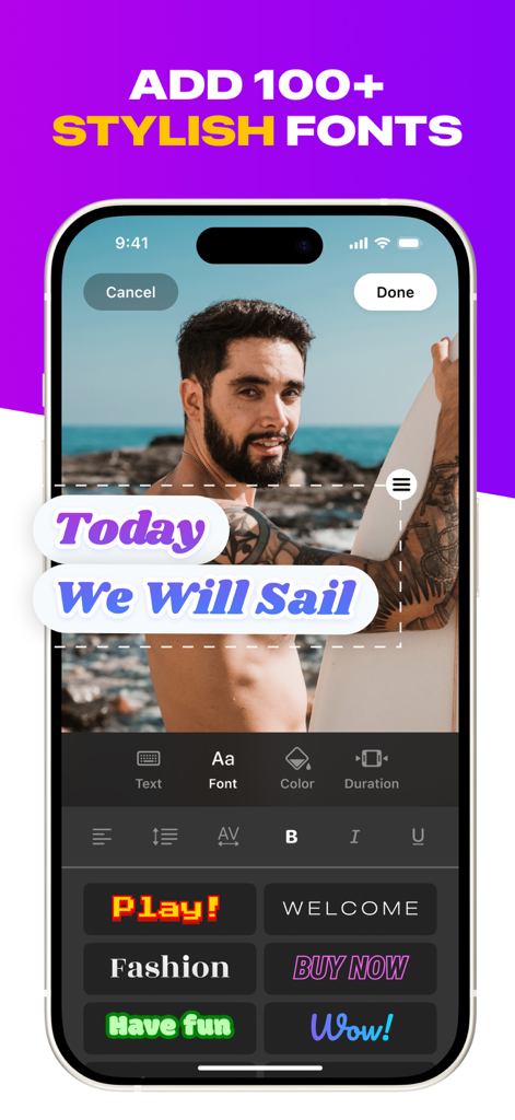A mobile interface for the Flix app showing how to add stylish fonts and captions to a video reel featuring a man with a surfboard.