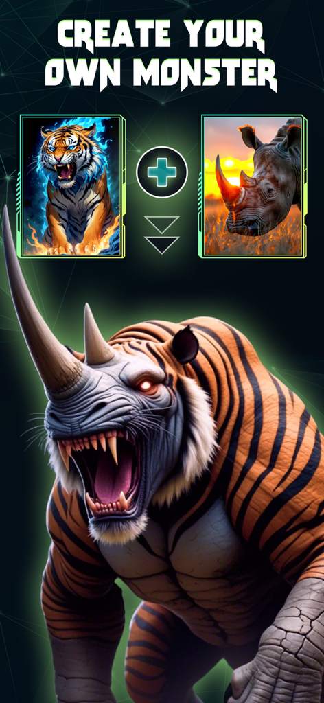 AI Fusion: Merge Character - AI Fusion app interface showing a tiger and rhino merging into a fierce hybrid monster