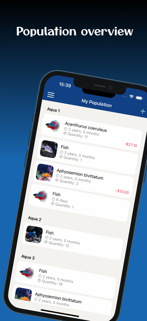 Aquarium Manager: Tank Log - Interface montrant une liste d'espèces de poissons, de quantités et d'âges dans plusieurs aquariums de l'application Aquarium Manager.