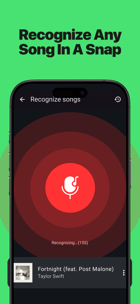 Music Stats for Spotify Song - Una interfaz móvil para reconocer canciones que muestra el resultado de una canción de Taylor Swift
