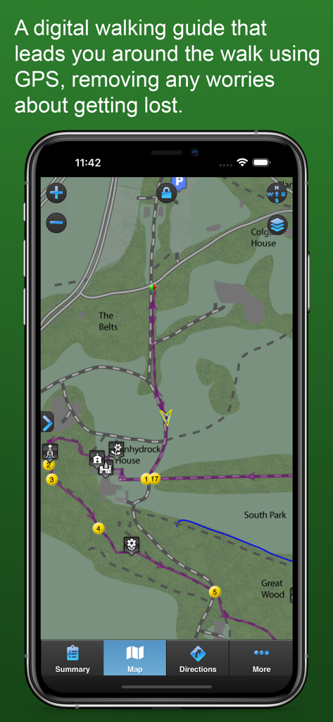 Digital walking guide interface of the iWalk Cornwall app showing a GPS map and route directions