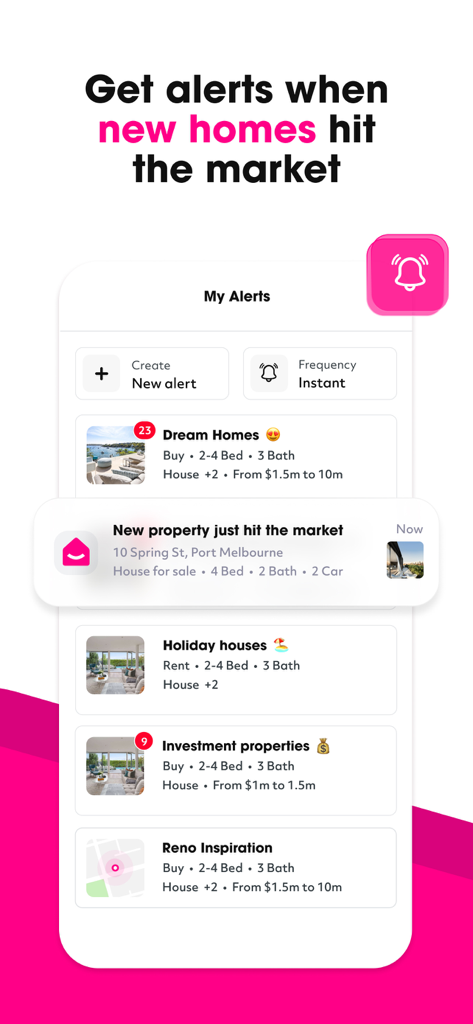 Screenshot of the Homely app showing property search alerts and a push notification for a new home listing