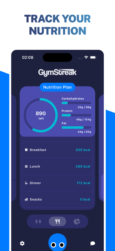 GymStreak app interface displaying a nutrition plan with daily calorie balance and macronutrient tracking for protein carbs and fat