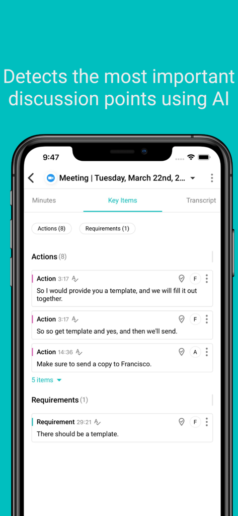 Sembly AI app interface showing automated meeting actions and requirements extracted by AI