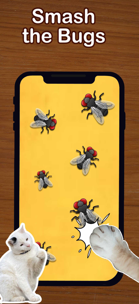 A cat paw smashing digital flies on a yellow smartphone screen in the Cat Games for Cats app