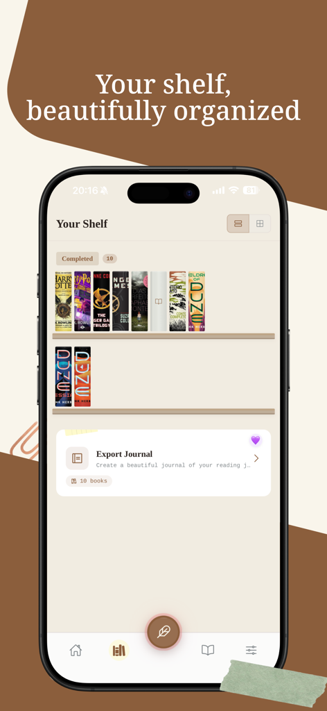 Book Tracker & Journal - Alia - A minimalist digital bookshelf in the Alia app displaying a collection of organized books on virtual shelves.