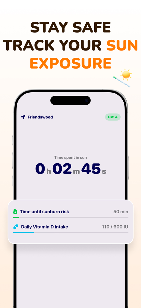 Sunkissed – SPF Tanning App - Sunkissed app interface showing UV index, sun exposure timer, and daily Vitamin D intake tracking.