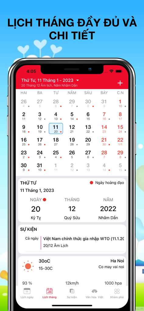 Detailed monthly view of the Vietnamese lunar and solar calendar app showing dates weather and events