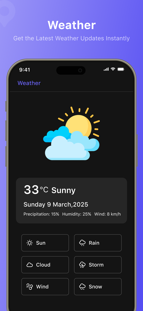 GPS 변경기 앱에서 맑은 날씨 업데이트를 보여주는 일기 예보 대시보드