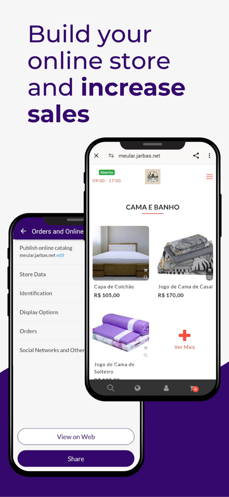 Jarbas: POS, Sales & Stock - 소규모 비즈니스를 위한 온라인 상점 카탈로그를 생성하고 관리하는 방법을 보여주는 Jarbas 앱의 모바일 인터페이스