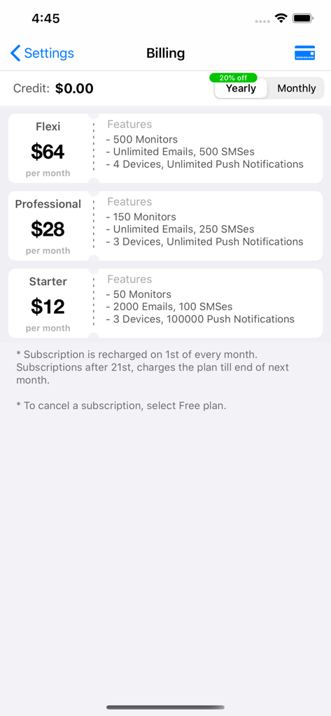Distill Web Monitor app billing screen showing Flexi Professional and Starter subscription plans with pricing