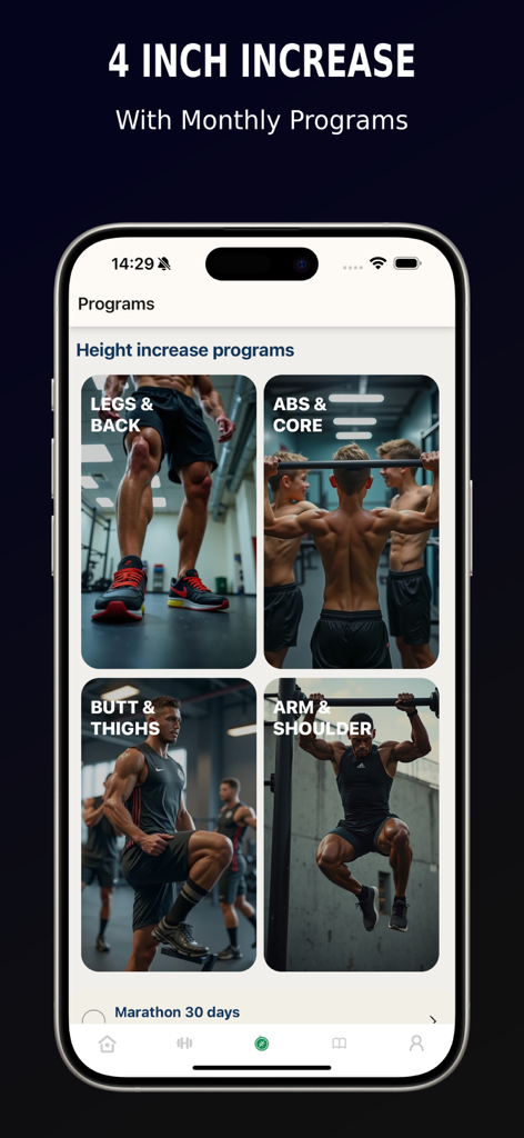 Teen Height Increase Program app interface showing monthly workout plans for legs back abs and core