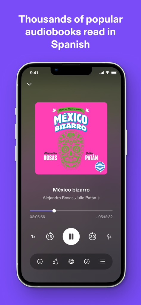 Podimo app interface showing the audiobook player with Mexico Bizarro playing in Spanish