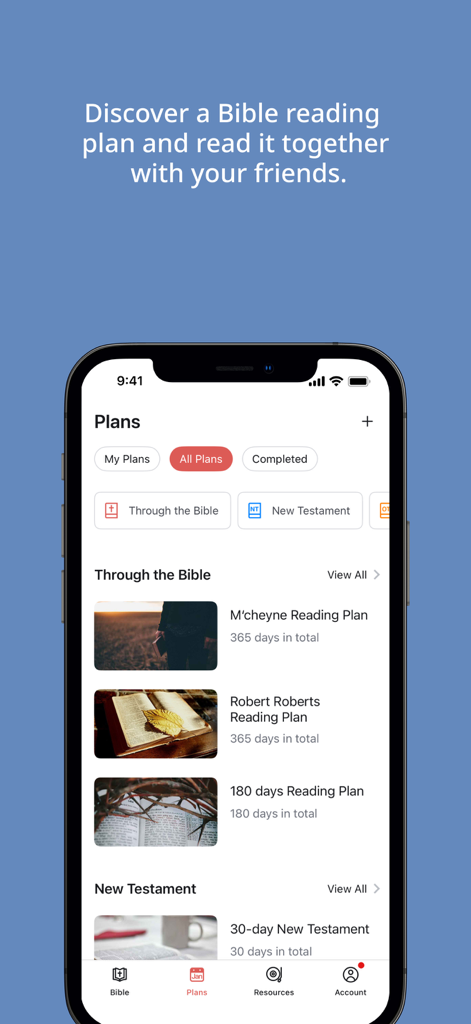 Interface of the WeDevote Bible app displaying various reading plans for spiritual growth.